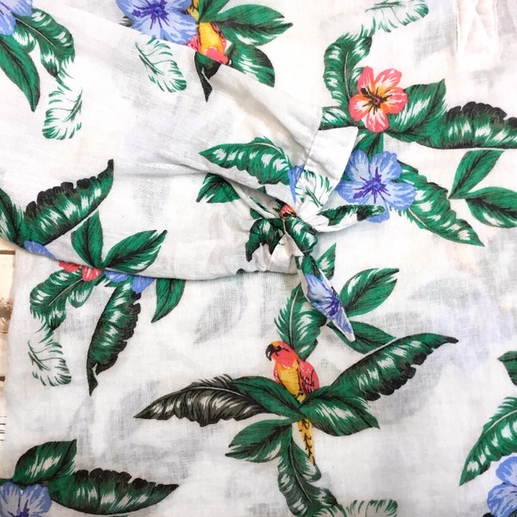 Linen Cotton Tropical Print V-Neck Blouse Top - Picture 2 of 8